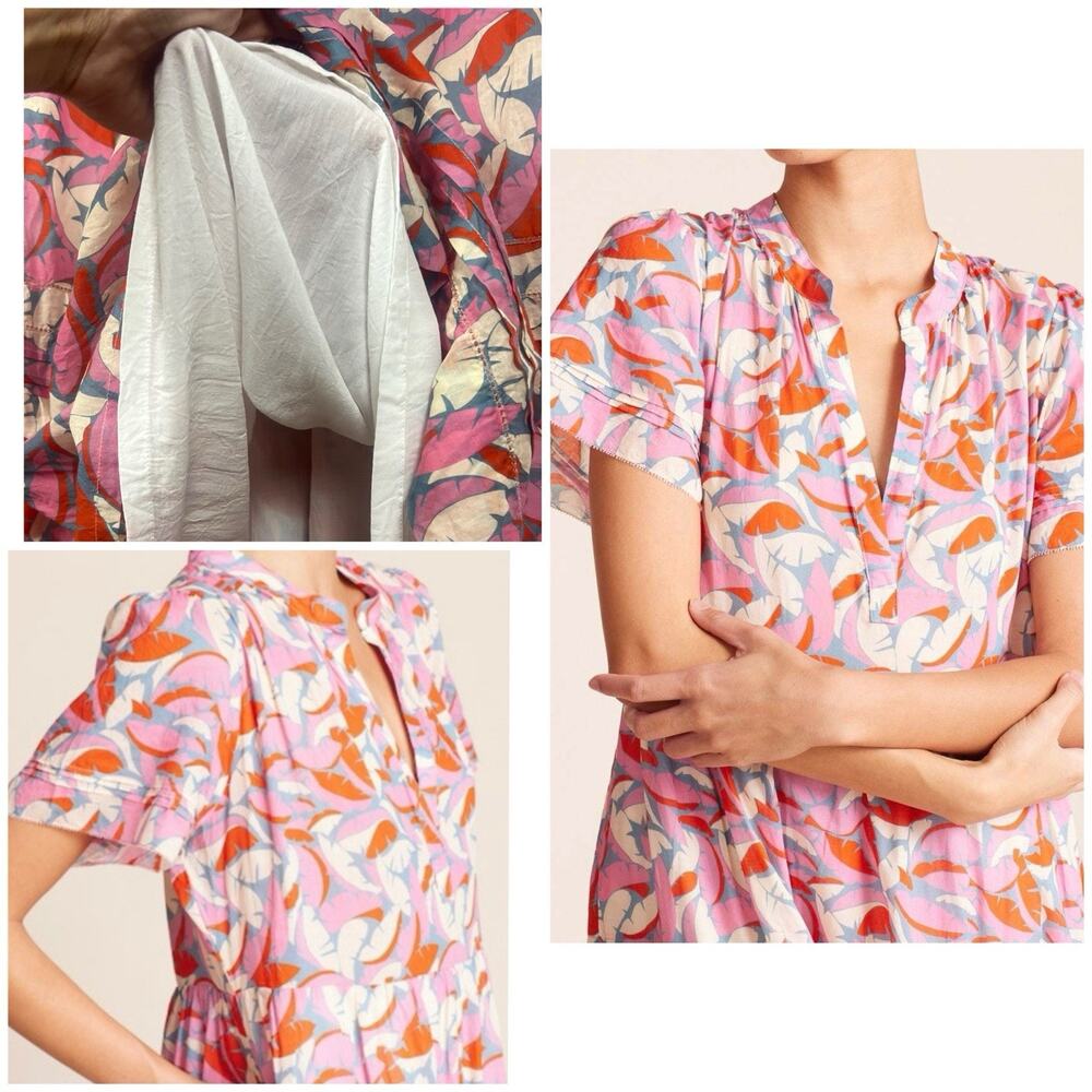 Birds of Paradis by TROVATA Pink Tropical Print Tiered Boho Midi Dress L - Picture 8 of 12